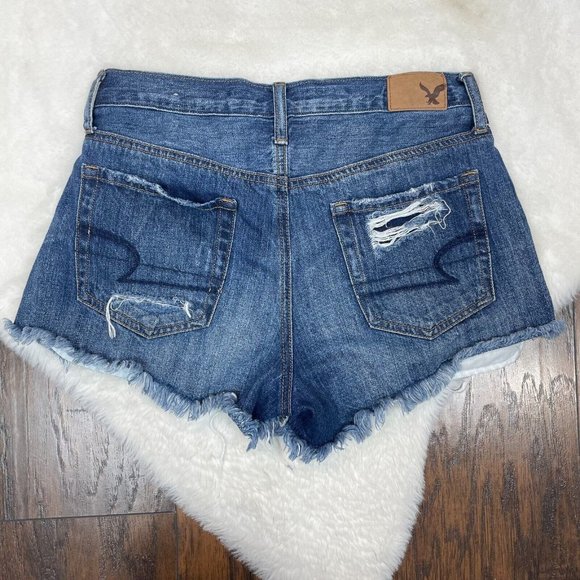 American Eagle Denim Shorts 0 Medium Wash Distressed Frayed High-Rise Festival - Picture 4 of 12